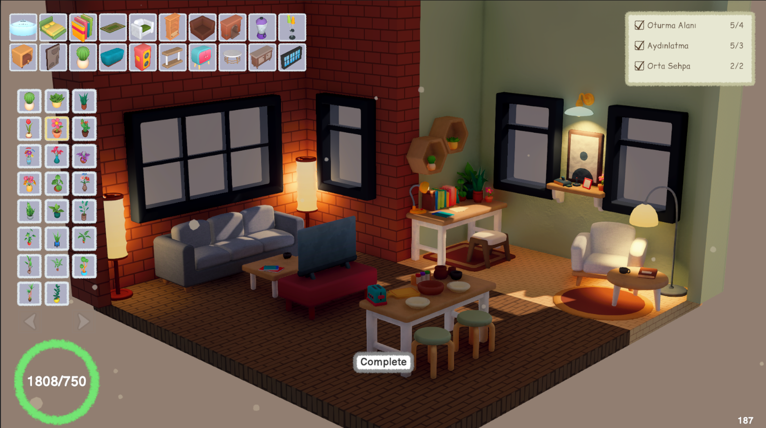 Furnish & Flourish gameplay — arranging furniture in a cozy living room
