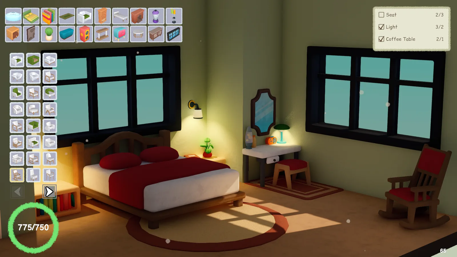 Nookmaker gameplay: a sage-green bedroom in afternoon sun, with a rocking chair by the window and the furniture catalogue open