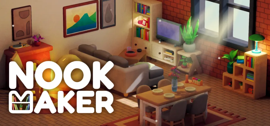 Nookmaker header capsule: the Nookmaker title over a cozy low-poly living room