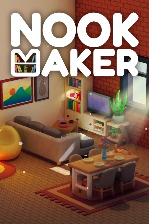 Nookmaker library capsule: the Nookmaker title above a cozy low-poly living room, in portrait
