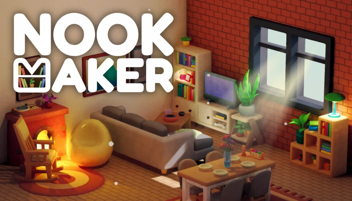 Nookmaker capsule art: the Nookmaker title over a cozy low-poly living room with a fireplace, a brick wall and sunlight through the window