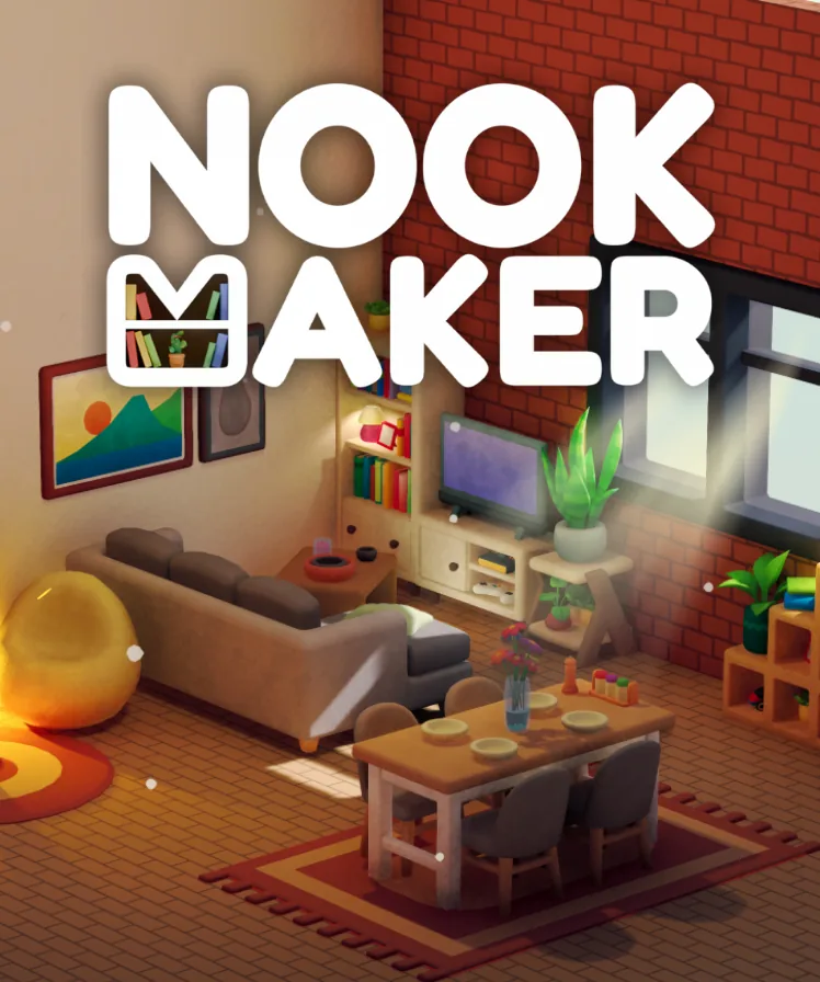 Nookmaker vertical capsule: the Nookmaker title above a cozy low-poly living room