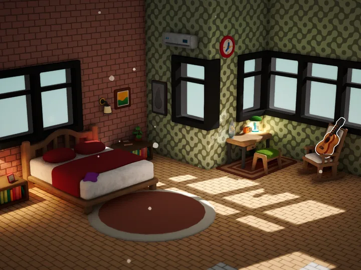 A Nookmaker bedroom in afternoon light, with a rocking chair and a guitar by the window