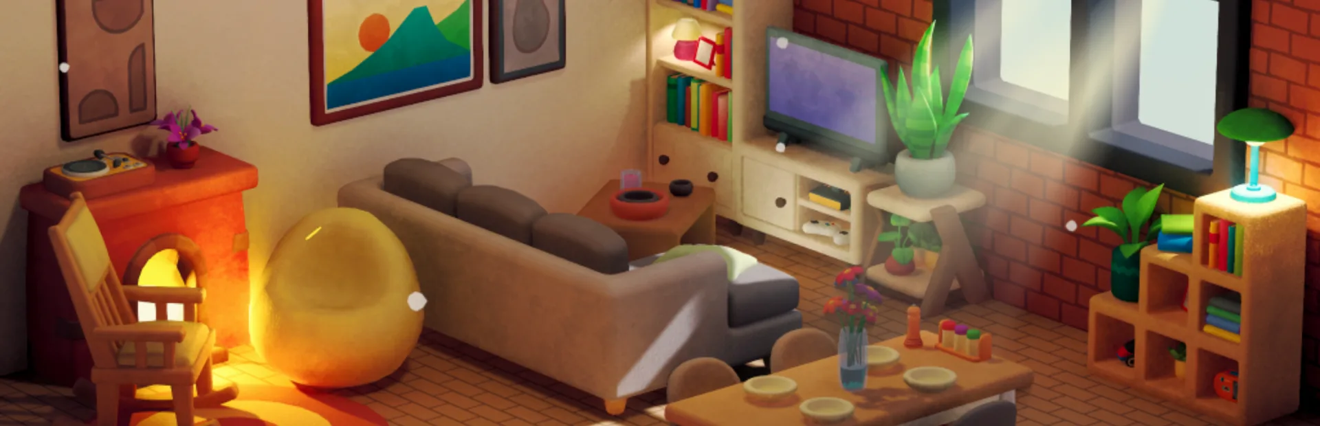 Nookmaker wide banner art: a cozy low-poly living room with a fireplace and a brick wall