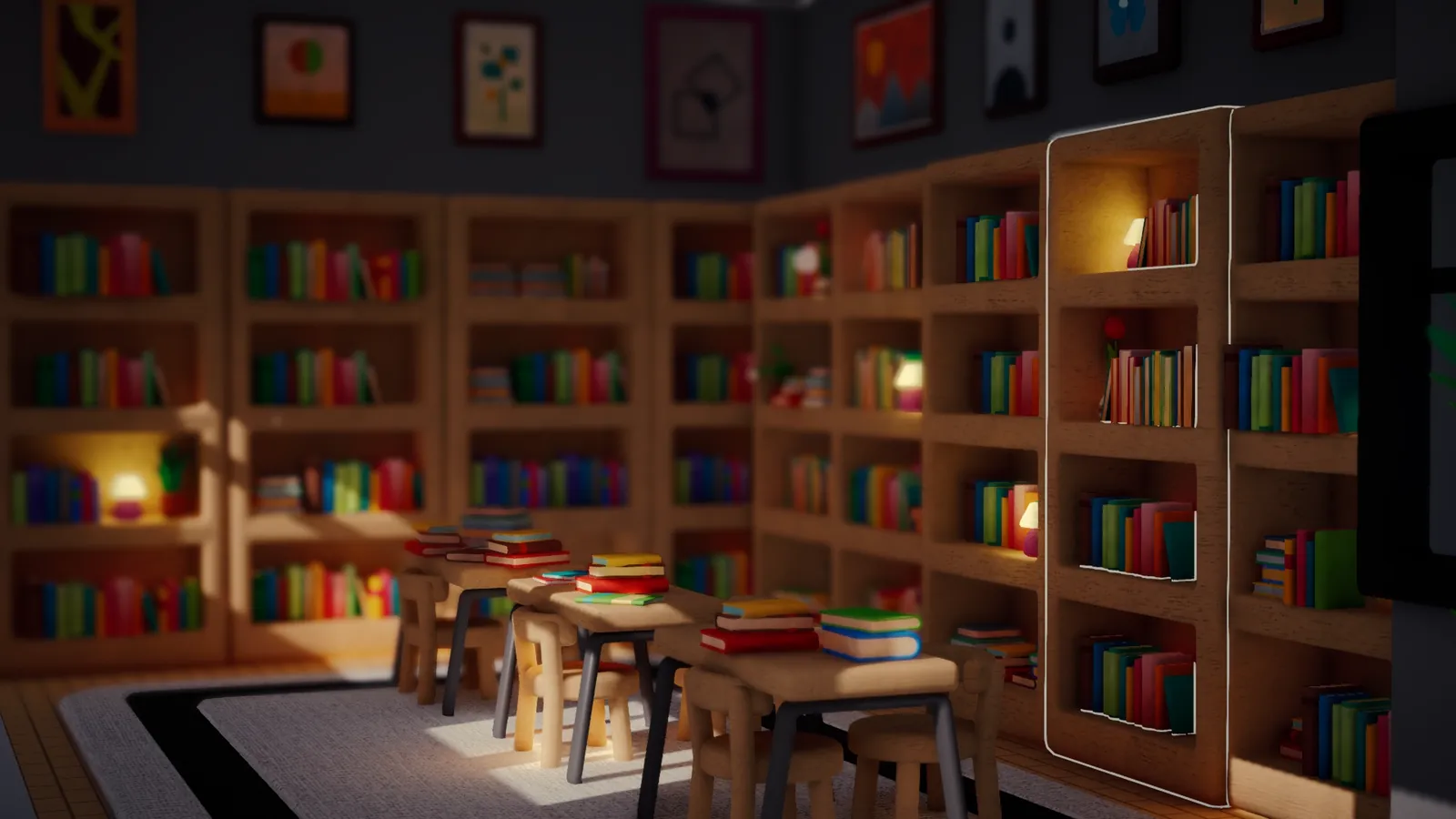 A Nookmaker library at night: warm lamps glowing inside tall bookshelves above small reading tables