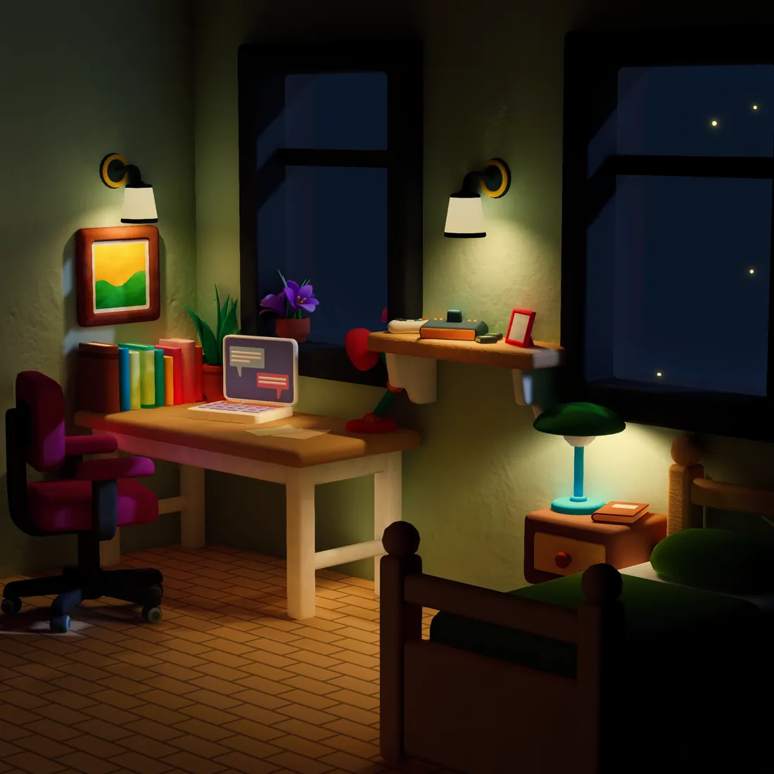 A Nookmaker desk at night, lit by wall sconces, with a laptop, houseplants and a row of books