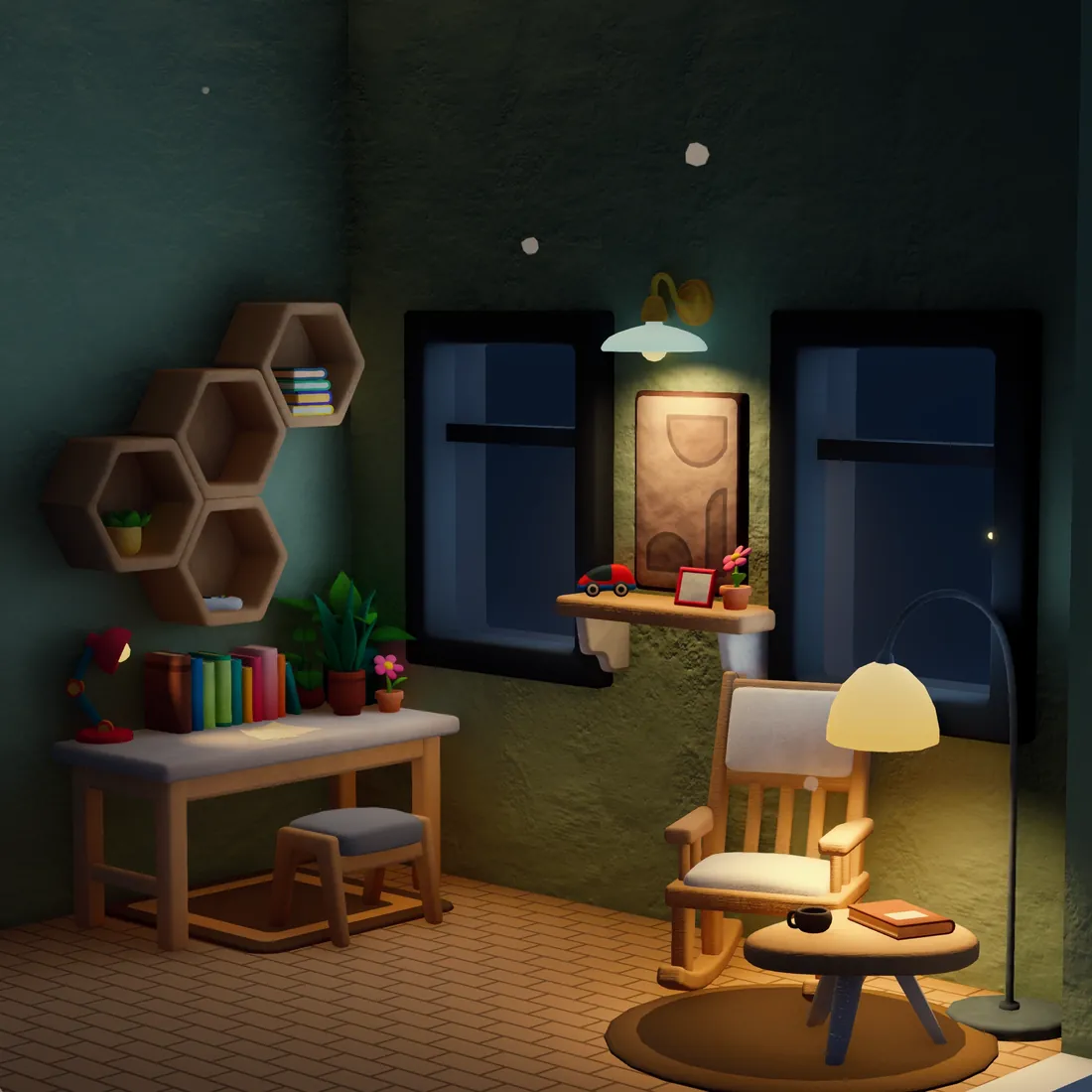 A Nookmaker reading nook at night: a rocking chair, a curved floor lamp, and a mug and book on a round table