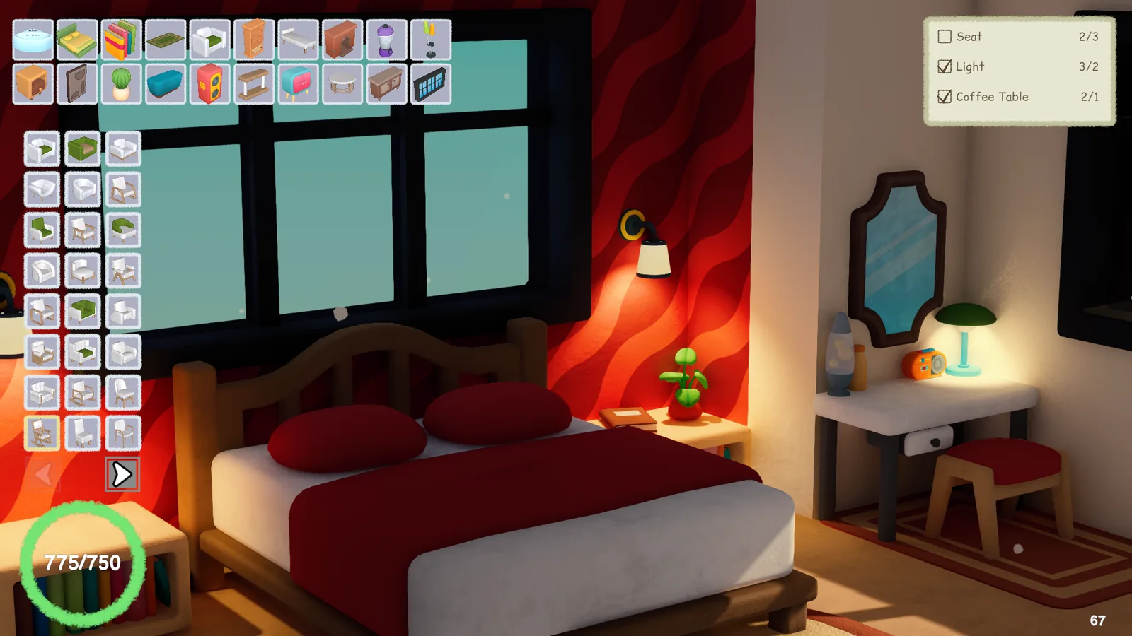 Nookmaker gameplay: decorating a red-walled bedroom in daylight, with the furniture catalogue open along the left edge
