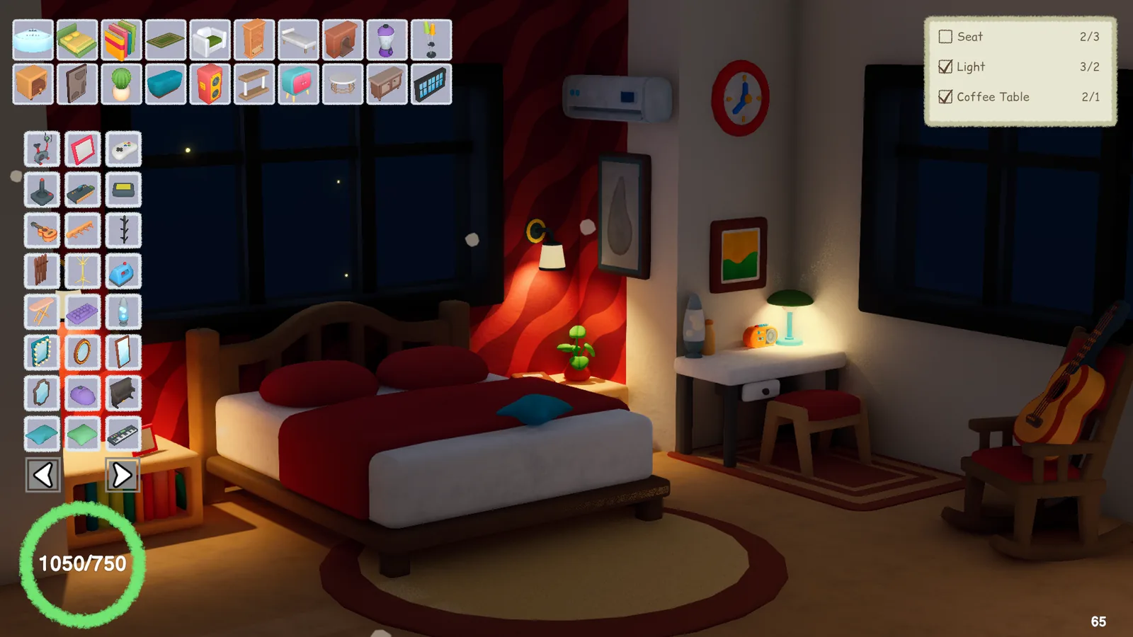 Nookmaker gameplay: finishing a red-walled bedroom at night, with the furniture catalogue and room checklist on screen