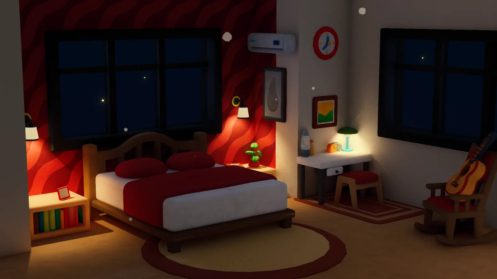 A Nookmaker bedroom at night: a red wall, a wooden bed, a desk lamp and a guitar on a rocking chair