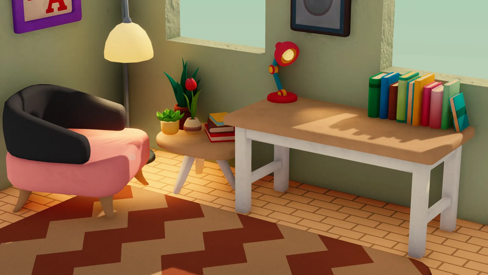 A Nookmaker study nook: a pink armchair, a side table of potted plants, and a desk of coloured books under a red lamp