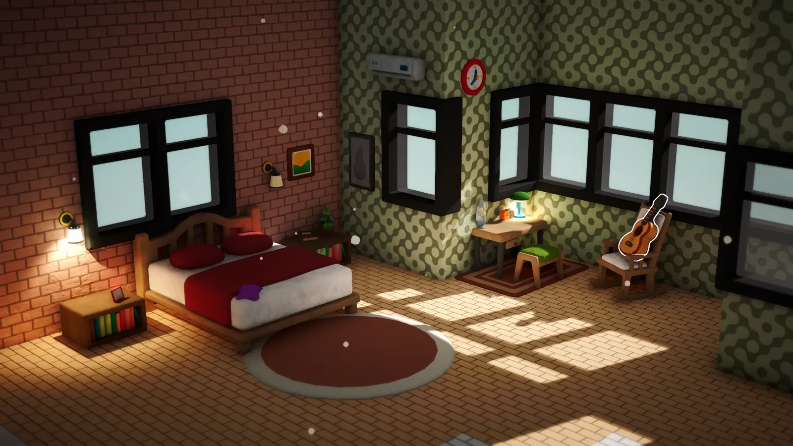 A sunlit Nookmaker bedroom with a brick wall, a red bed, and a guitar resting on a rocking chair by tall windows
