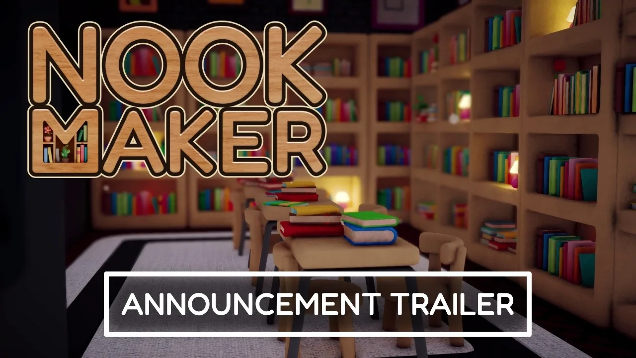 Nookmaker announcement trailer: the Nookmaker wordmark over a warm, lamp-lit library of low-poly bookshelves and reading tables