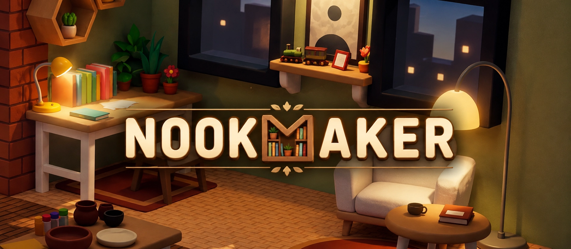 Nookmaker key art — a warm, lamp-lit low-poly reading nook at night